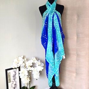 3/10$ Sarong Blue and Turquoise Tie-Dye with White Patterned Dots NWOT, JFrancis